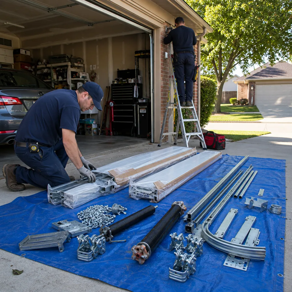 professional garage door installation technician working on residential garage door parts