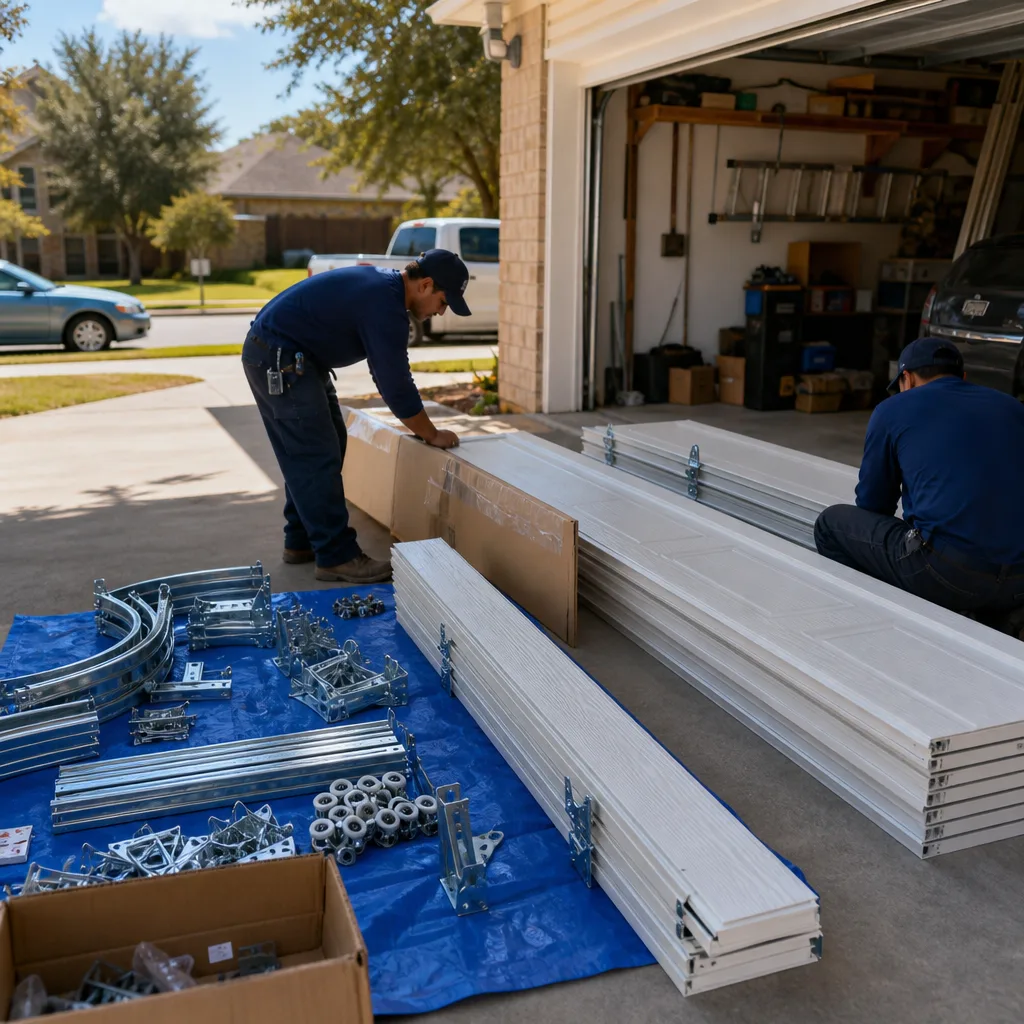 Two technicians organizing garage door installation components and panels on a driveway.