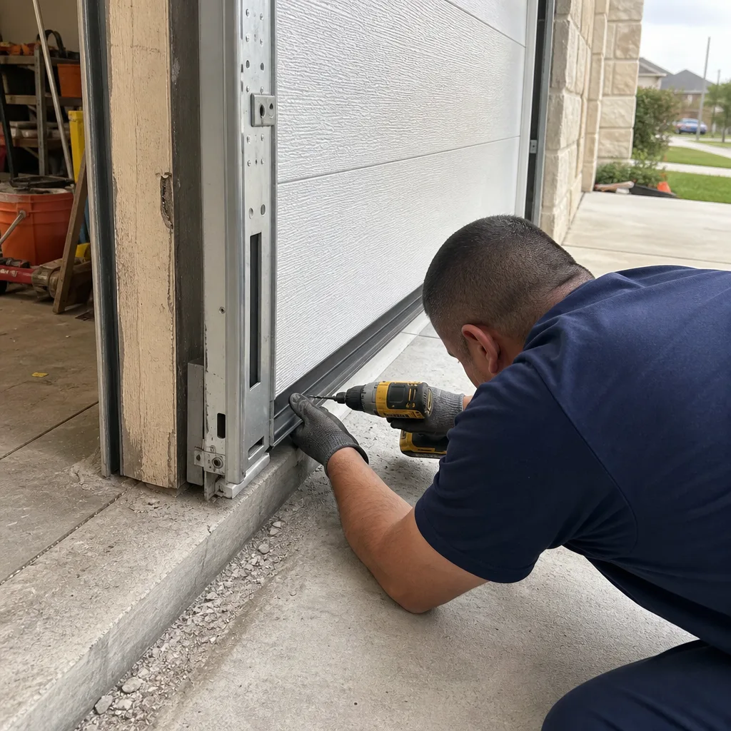 Technician using a power drill to install a garage door seal