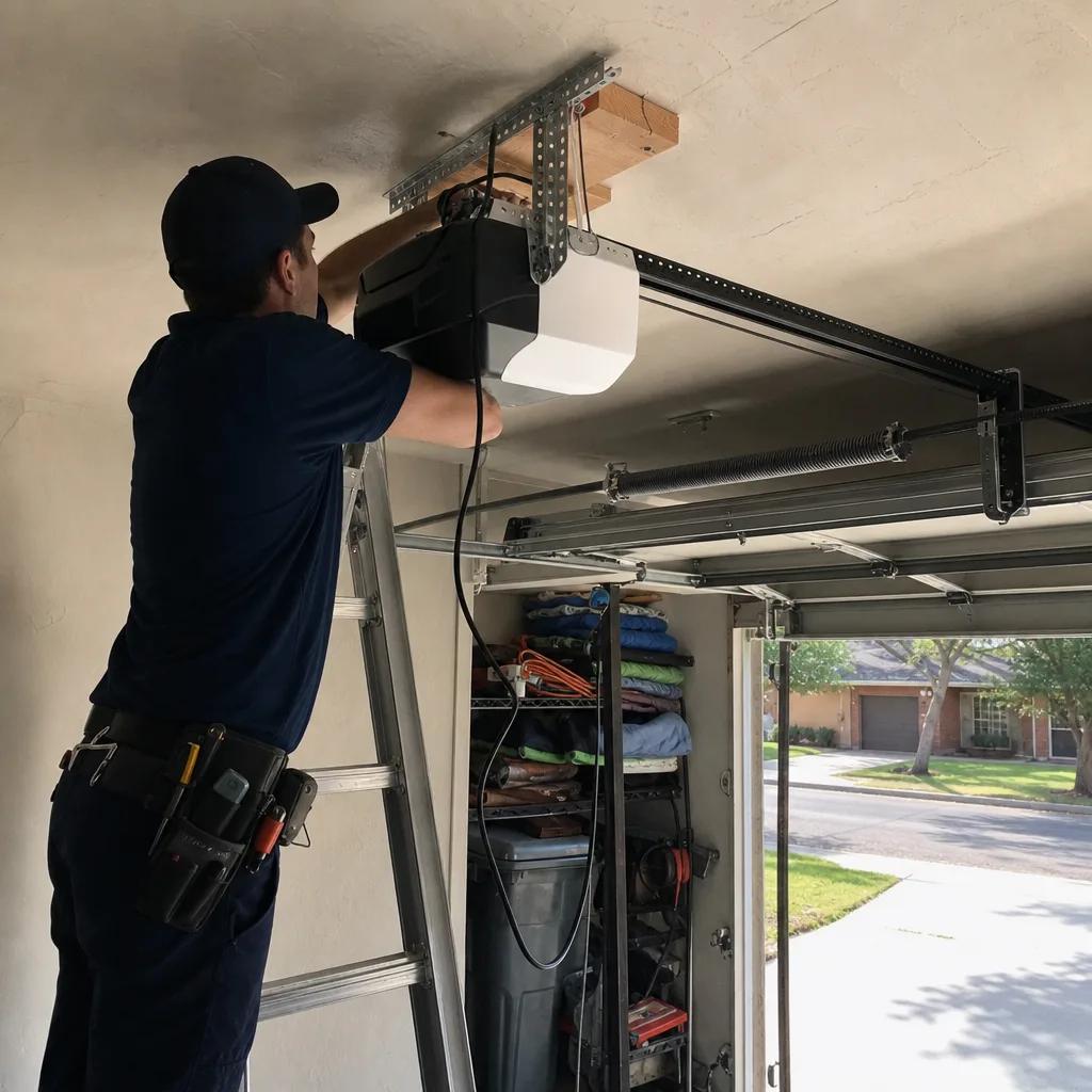 Technician performing professional garage door opener installation and motor repair