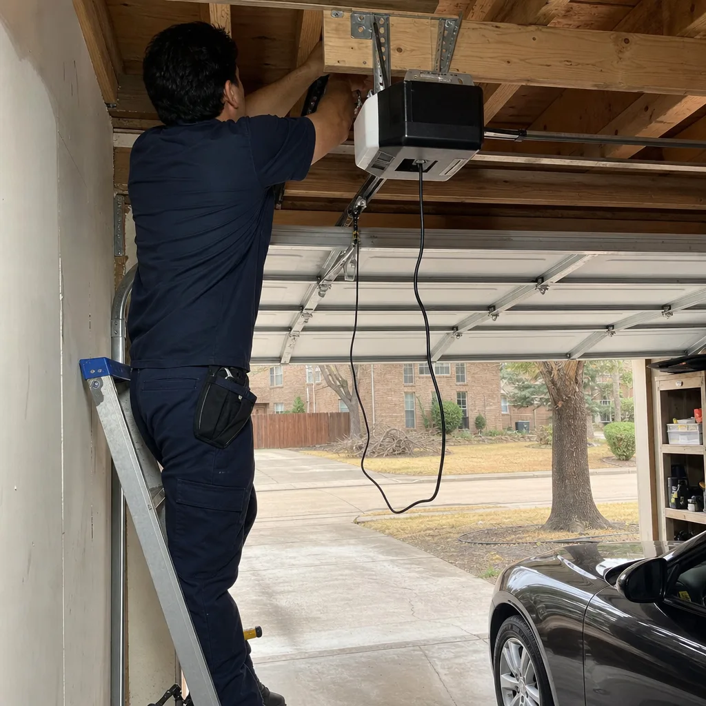 Technician performing garage door opener repair and installation