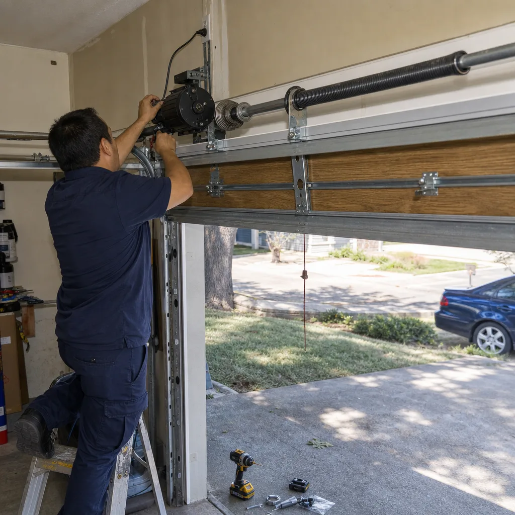 Technician performing professional garage door opener repair and installation services