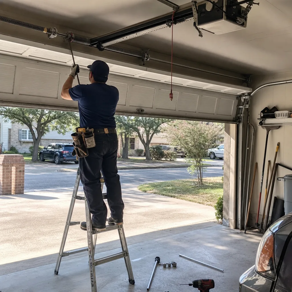 Technician performing professional garage door spring repair