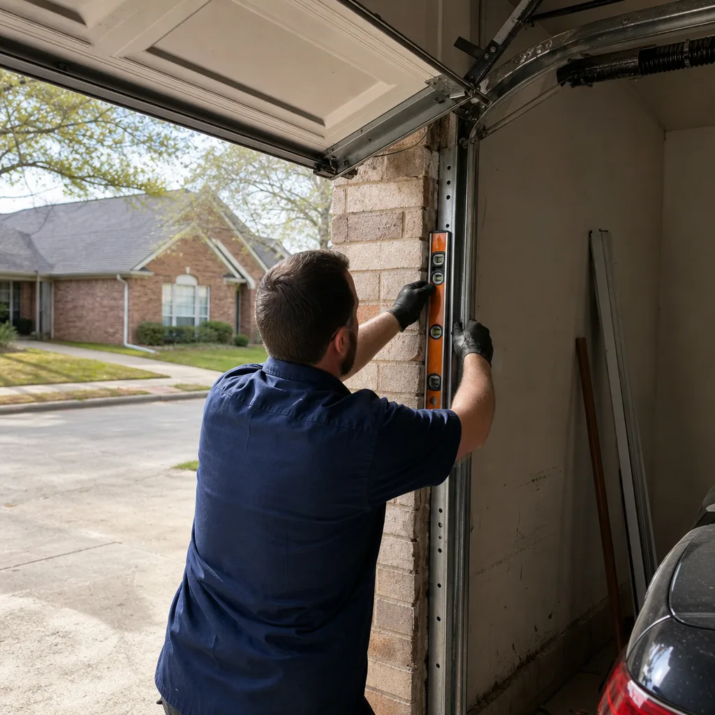 Technician using a spirit level to repair garage door track
